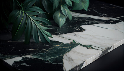 Stone podium, Cosmetic display stand with nature leaves on white background. AI generated