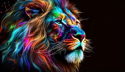 Neon Rainbow Portrait of a colorful Lion, black background, ideal for wallpaper. Generative AI