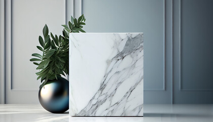 Stone podium, Cosmetic display stand with nature leaves on white background. AI generated