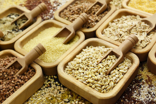 Colorful mix of grain varieties: oat and wheat, rice and millet, buckwheat and barley, quinoa and polenta. Food ingridients background