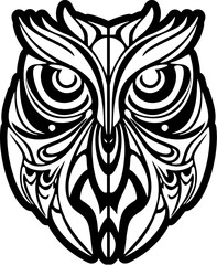 ﻿A black and white owl tattoo design featuring Polynesian patterns.