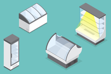 3D Isometric Flat Vector Set of Commercial Display Refrigerators, Retail Shop or Supermarket Equipment
