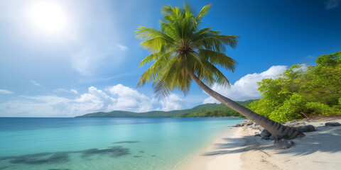 Naklejka na ściany i meble Beautiful tropical sandy beach landscape with palm tree