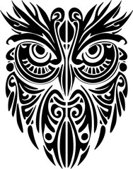 ﻿Tattoo of an owl with black and white Polynesian design.
