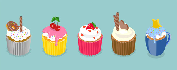 3D Isometric Flat Vector Set of Sweet Cupcakes, Desserts for Pastry