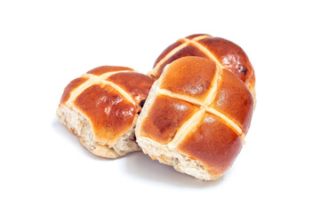 Freshly baked hot cross buns isolated on white background. Traditional easter food, horizontal