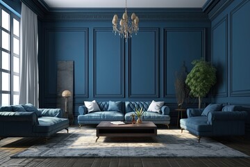 Modern Living Room with Blue Walls and Furniture. Generative AI