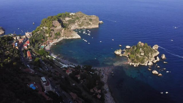 Aerial view of Isola Bella near Taormina, Catania, Sicily Island, Italy.