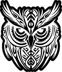 ﻿Owl tattoo design featuring black and white with Polynesian elements.