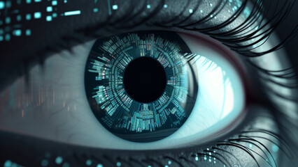 Security Access Technology. Female Eye viewing Digital Algorithm and Information, future Technology Concept
