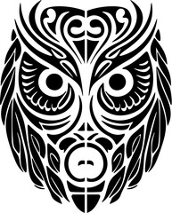 ﻿Owl tattoo with black and white Polynesian designs.