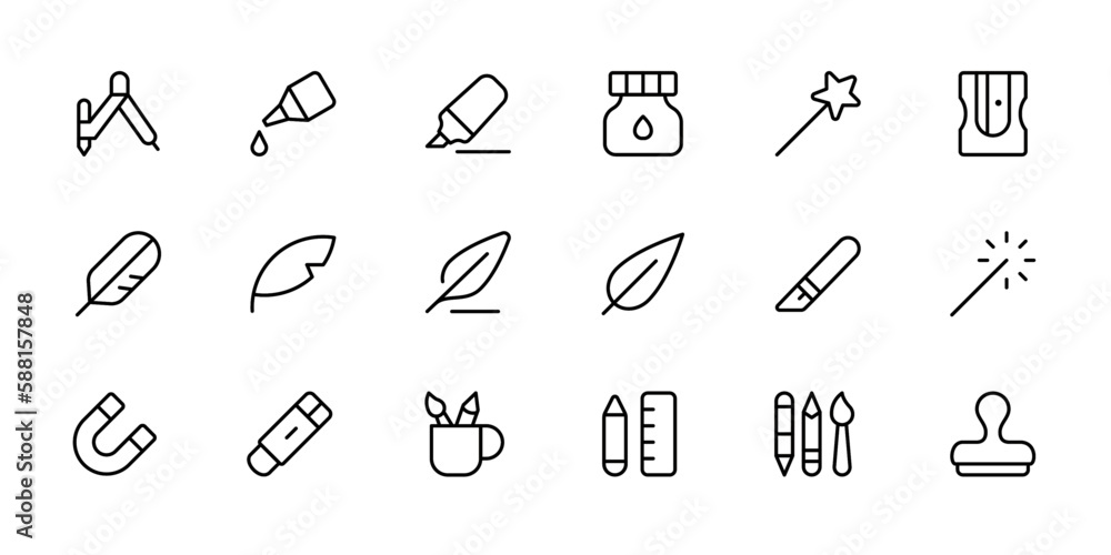 Poster graphic design tools, creativity, art related editable stroke outline icons set isolated on white ba