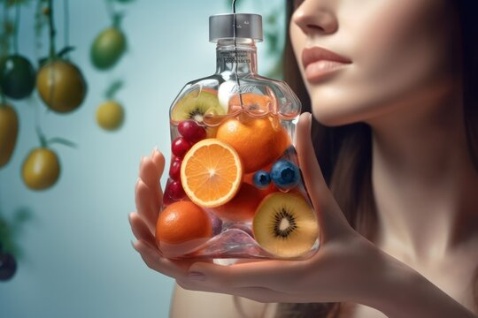 Beautiful woman keep sliced fruit in Luxury parfume bottle. Girl holding glass parfume bottle, orange forest background. Fruits Serum. iv serum bag. Generative AI