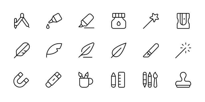Graphic design tools, creativity, art related editable stroke outline icons set isolated on white background flat vector illustration. Editable Stroke. Flat vector icon for apps, ui and websites.
