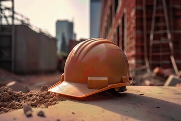 a construction hard yellow hat placed on a stack of brick wall - obrazy, fototapety, plakaty