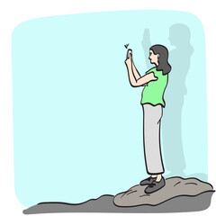 line art woman standing on the rock and using smartphone illustration vector hand drawn isolated on white background