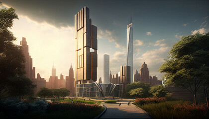 Fototapeta premium a hybrid skyscraper merging urban parks with an hindu architecture, vertical farming, wind turbines, open spaces, large featured art gallery, density of building spaces for office, retail, restaurants