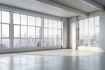 Illustration of an empty room with panoramic city view. Generative AI
