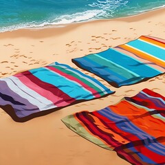 Beach blankets laid out on the beach with sand and ocean in the background, AI, Generative, Generative AI