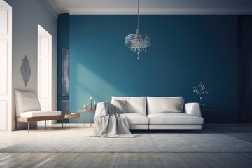 modern living room with a white couch and a crystal chandelier. Generative AI