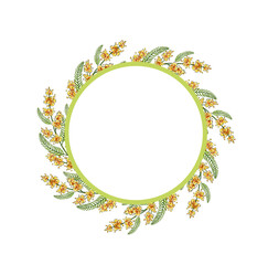Watercolor illustration of spring yellow mimosa flowers. Beautiful round frame of watercolor mimosa. Floral template for wedding invitation, gift card, easter. Isolated on white background.