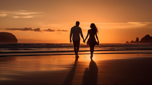 a romantic couple walking down a beach hand in hand