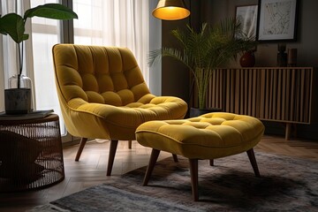 cozy living room with a yellow chair and ottoman as the focal point. Generative AI