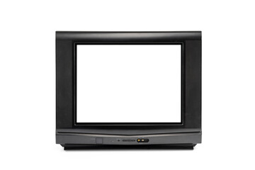 Analog CRT TV. Black old television with white screen isolated on white background with clipping path.