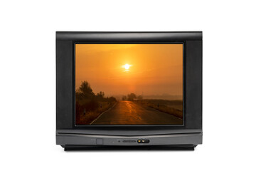 Black analog old television with sunrise or sunset view isolated on white background. clipping path