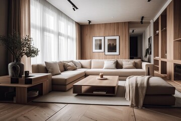 Fototapeta premium cozy living room with comfortable furniture and natural lighting from a large window. Generative AI