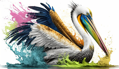Big Colorful Pelican Splashing in the Water Horizontal Composition