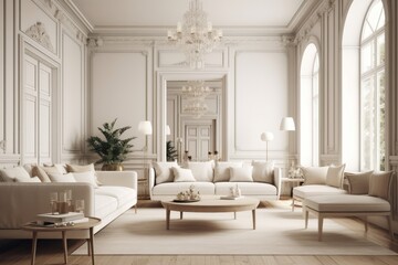 luxurious living room with elegant furniture and a sparkling chandelier. Generative AI