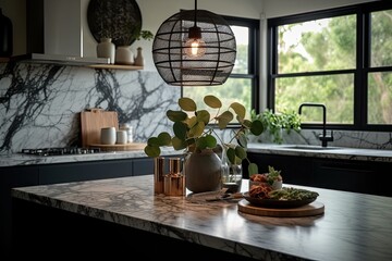 modern kitchen with a spacious marble countertop and large windows for natural lighting. Generative AI