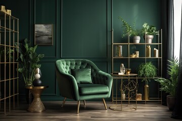 Fototapeta na wymiar cozy living room with green walls and a comfortable armchair. Generative AI