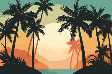 Fototapeta na wymiar Vector of Palm Trees on an Island at Sunset
