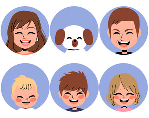 Vector illustration avatar set six members family. Mother, father, girl, boy, baby and dog on circle icons