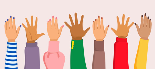 Vector illustration of hands raised up together. International volunteer community concept