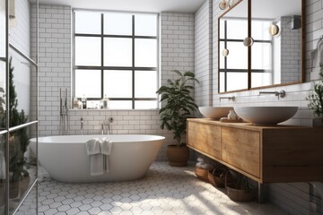 Fototapeta na wymiar modern bathroom with a freestanding tub, floating sink, and large mirror. Generative AI