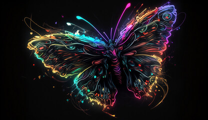 Abstract Butterfly Neon Wallpaper. Rainbow colors, black background. Generative AI Art