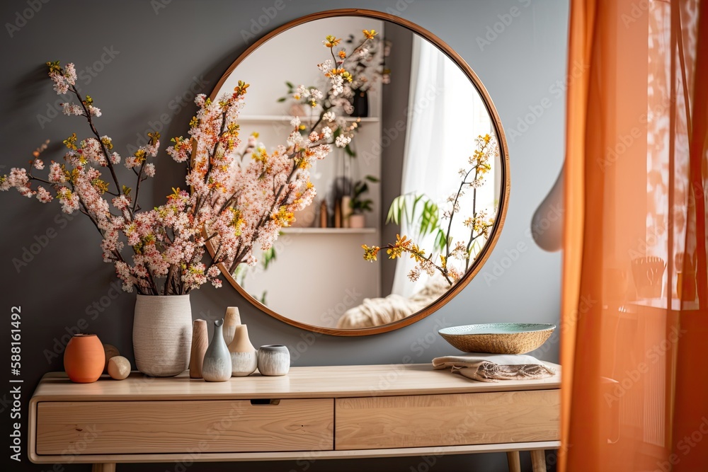 Sticker table with a vase of flowers and a mirror. Generative AI