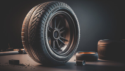 tire at repairing service garage background. Replacing winter and summer tyre for safety road trip.