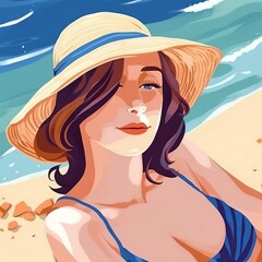 woman in bikini and sunhat on the beach with a beautiful ocean background, AI, Generative, Generative AI