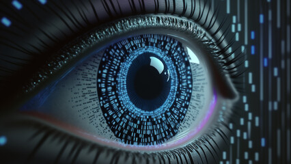 Female Digital eye in which binary codes are reflected, Generative AI