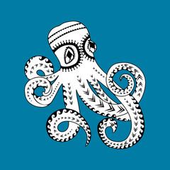 Octopus sea animal coloring book for adults vector illustration. Anti-stress coloring for adult. Zentangle style. Black and white lines. Lace pattern