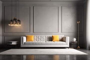 modern living room featuring a white couch and vibrant yellow accent pillows. Generative AI