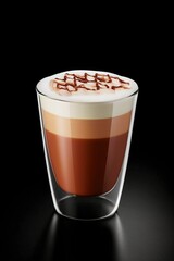 cup of coffee with chocolate, macchiato in clear glass cup hot coffee drink, latte and chocolate syrup sprinkled with cinnamon