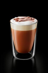 macchiato in clear glass cup hot coffee drink, latte and chocolate syrup sprinkled with cinnamon