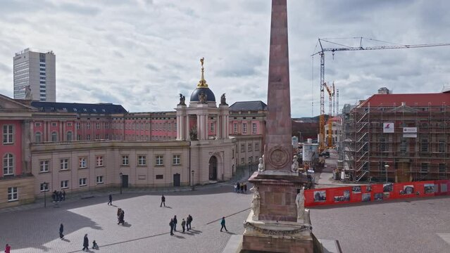 Drone shot of obelisk am alten markt and Fortunaportal  , Potsdam , Germany
