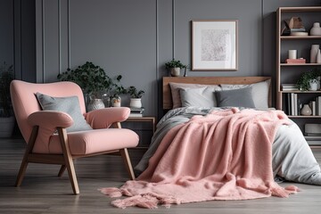modern bedroom with a grey color scheme and a pop of pink from a chair. Generative AI