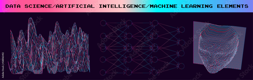 Poster Set of 3d vector low poly elements for a AI and facial recognition subjects.
